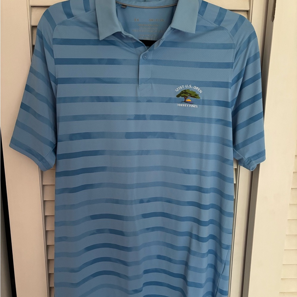 Under Armour 2021 US Open Gold Torrey Pines Blue Striped Men's Polo Shirt